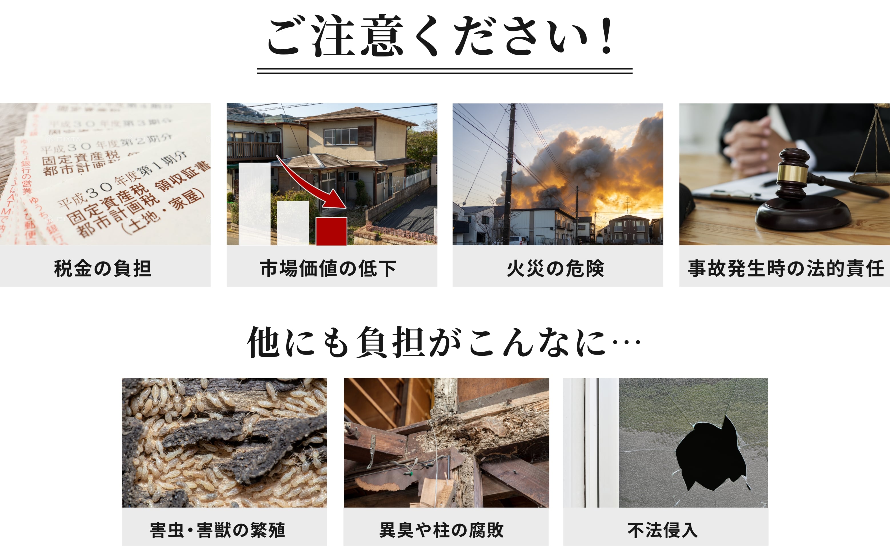 ご注意ください！税金の負担、市場価値の低下、火災の危険、事故発生時の法的責任、害虫・害獣の繁殖、異臭や柱の腐敗、不法侵入