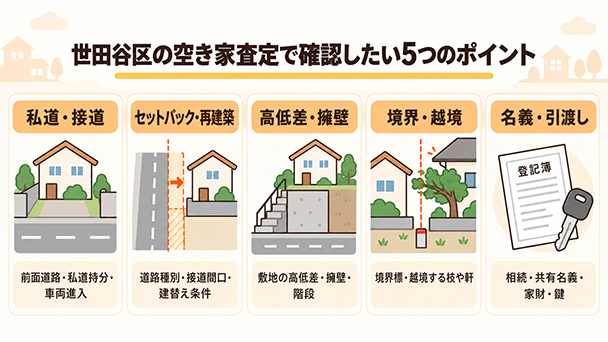 世田谷区の空き家査定で確認したい私道・接道、セットバック、高低差・擁壁、境界・越境、名義・引渡し