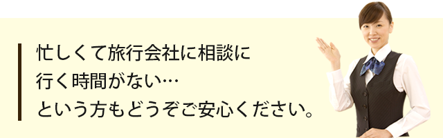 忙しくて旅行会社に相談に行く時間がない…という方もどうぞご安心ください。